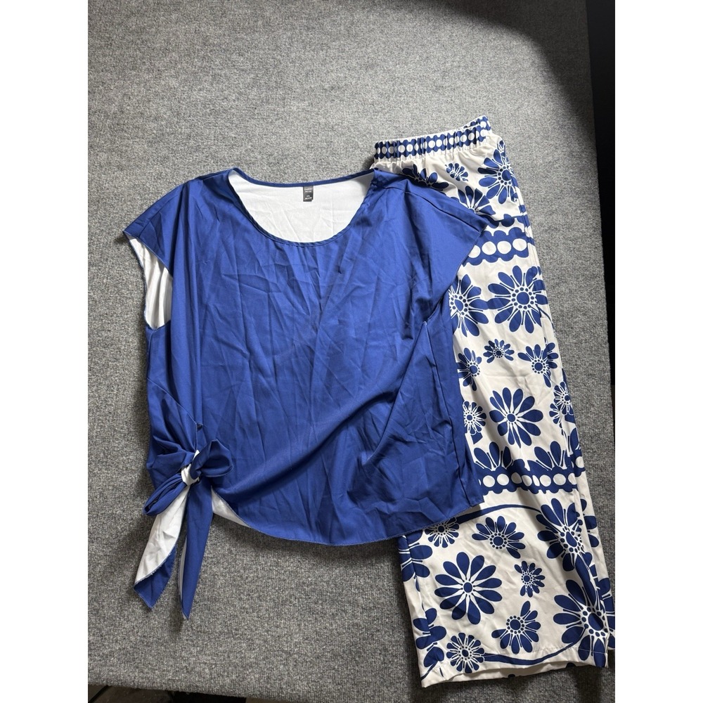 Women Blue White Floral 2 Piece Set Side Tie Top Wide Leg Pants Loungewear 4X
